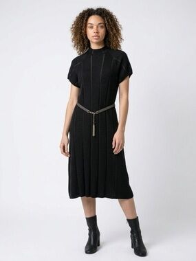 Nine West Black Ribbed Midi Dress with Slim Belt